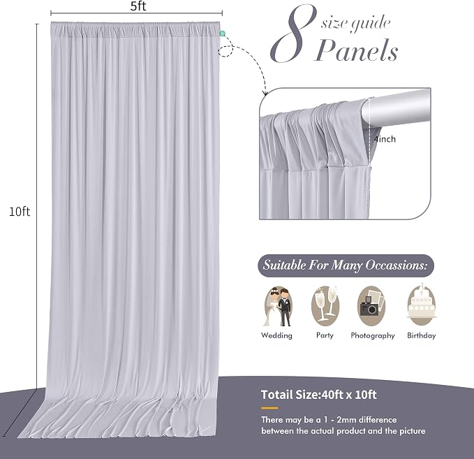 40 ft x 10 ft Wrinkle Free Silver Backdrop Curtain - Image 6