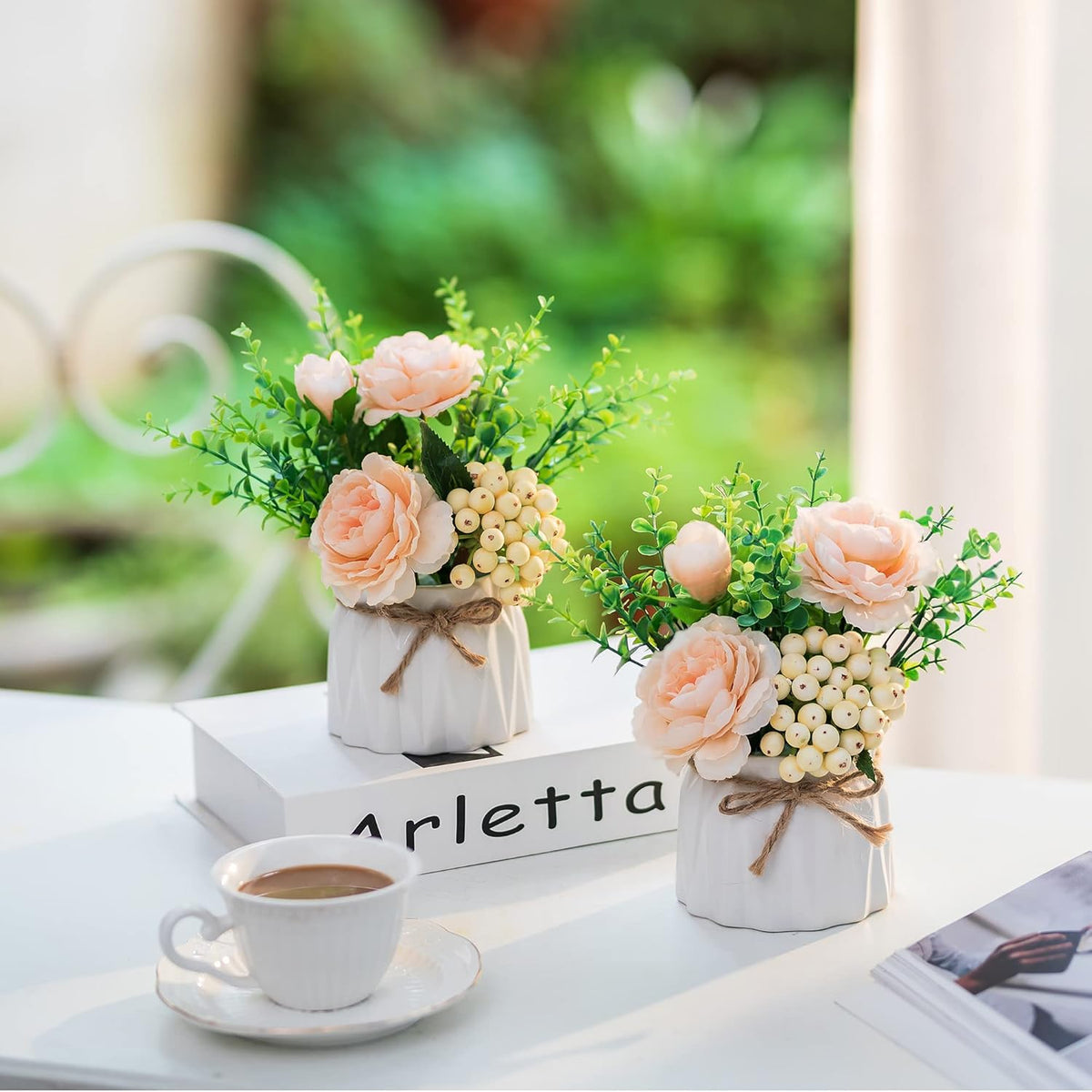 BLOSMON Table Decor Artificial Flowers Vase 7 Inch Small Fake Champagne Flower Arrangement 2pcs Floral Arrangement for Tables centerpieces Kitchen Dining Room Decorations Flower in Vase Silk Roses