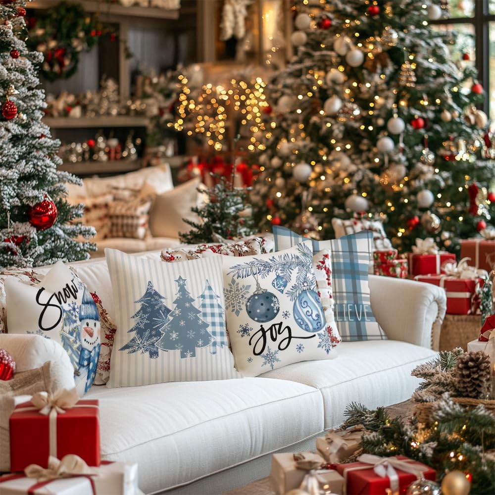 GEEORY Winter Christmas Throw Pillow Covers 16 x 16 Inch Set of 4, Xmas Trees Snowflake Snowman Joy Plaid Holiday Farmhouse Decorative Cushion Cases for Home Decoration G582-16