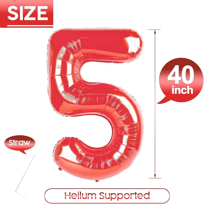 5 Balloon - Red Birthday Number Balloons, 40 Inch Decorations Men Women | Red - Image 5