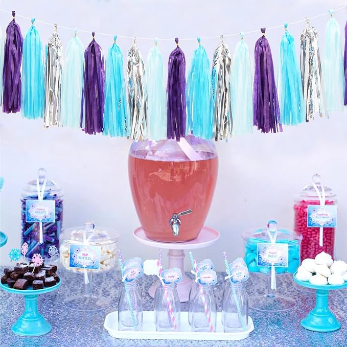 Purple-Blue Silver Frozen Party-Decorations Tassel-Garland -20pcs Winter Girl - Image 5