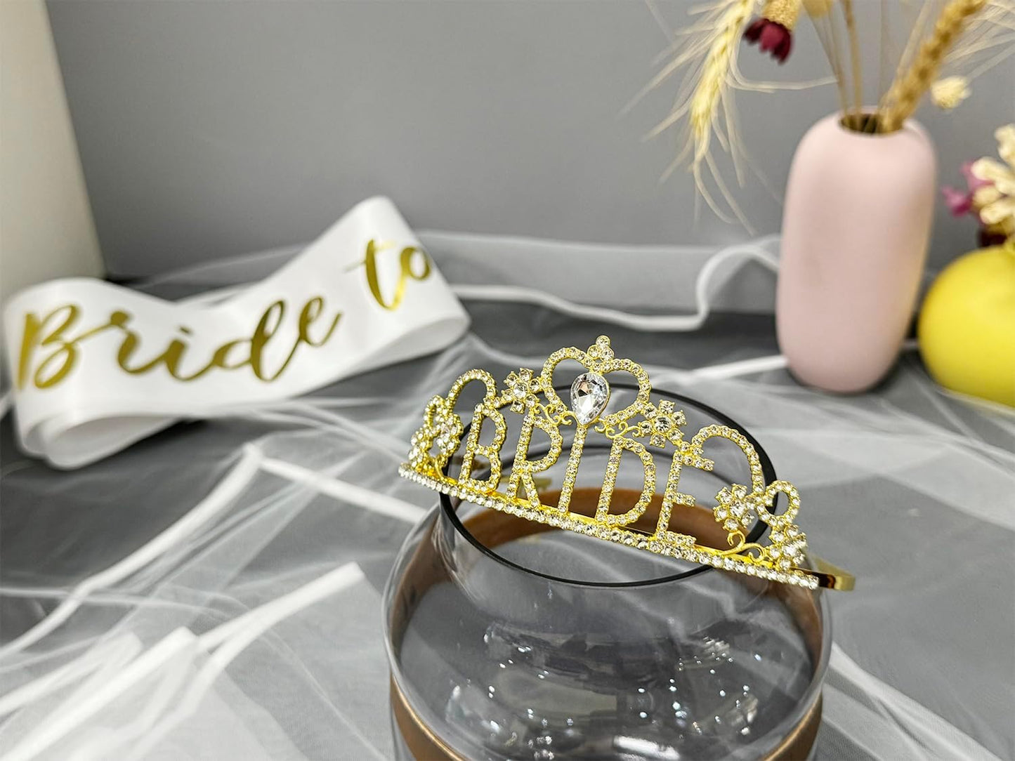JETKONG 3 Pcs Bachelorette Party Decorations "BRIDE" Crown, Bride to Be Sash&Veil for Women Bachelorette Party Gifts, Bridal Shower Supplies, Gifts, Favors (Gold)