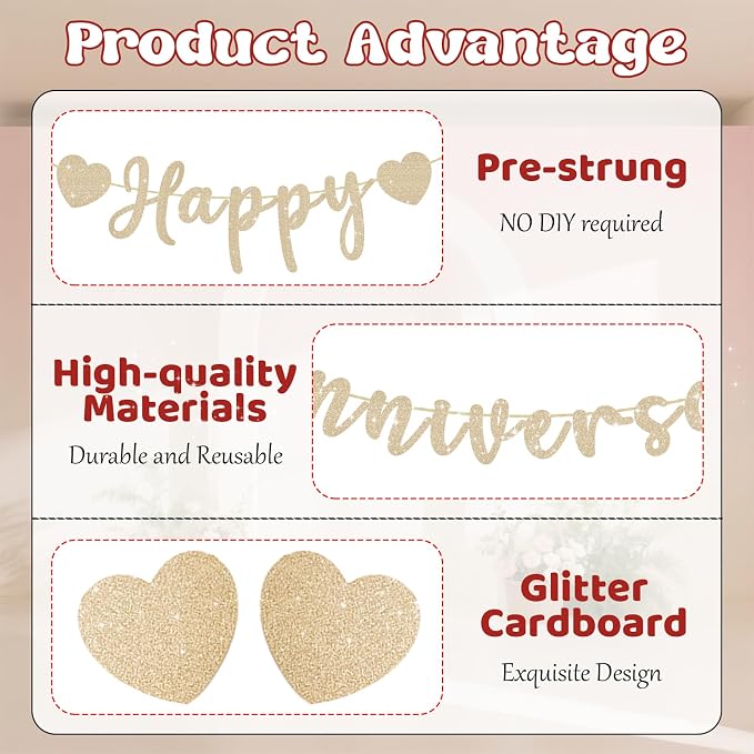 Happy Anniversary Banner, Pre-Strung Gold Glitter Wedding Anniversary - Image 3