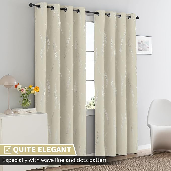 Yakamok Cream Light Blocking Curtains 84 Inches Long Silver Print Wide 52" | - Image 2