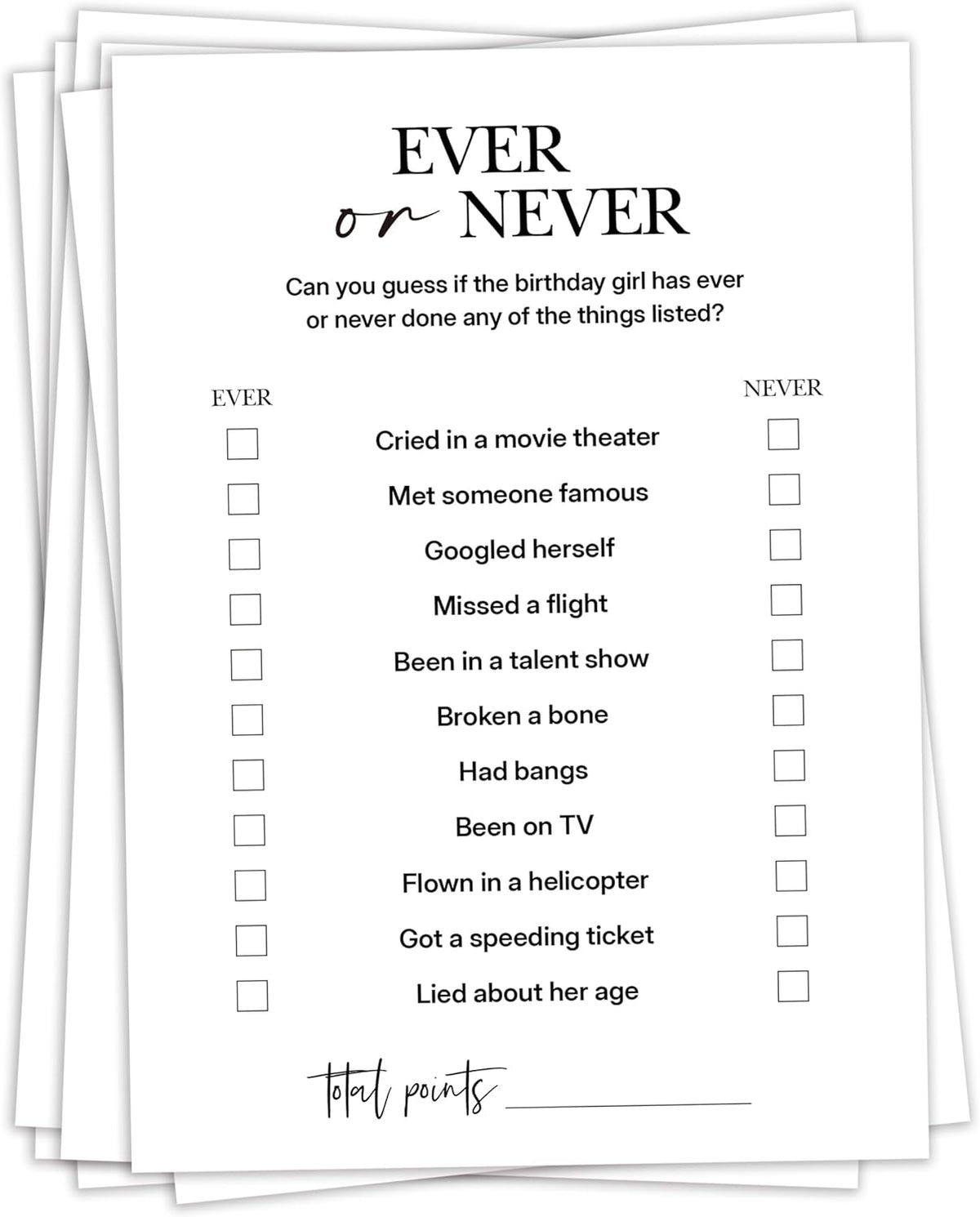 Birthday Party Games, Ever or Never, 25 Pcs Card Set for Guests, Fun Birthday Game for Teen Adults – A03