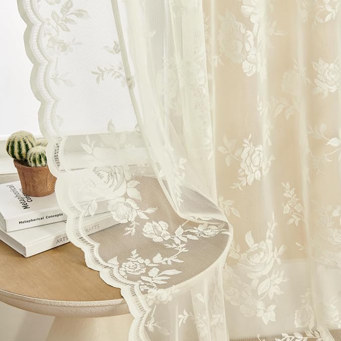 Ivory Lace Curtains 54 Inch Length 2 Panels Victorian Floral Sheer Curtains by SEEKRIGHTHomeDecor