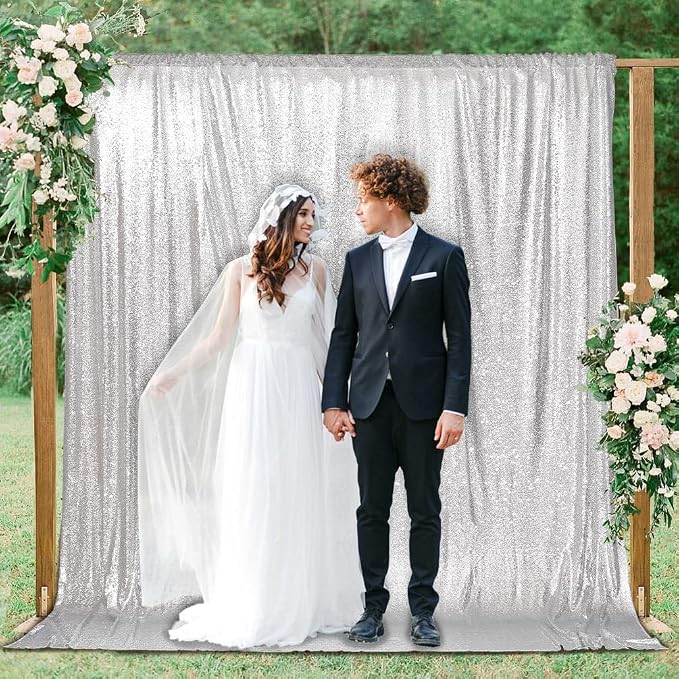 PartyDelight Silver Sequin Backdrop 10x10ft Sparkly Photo Curtain | 4 Inch Rod - Image 7
