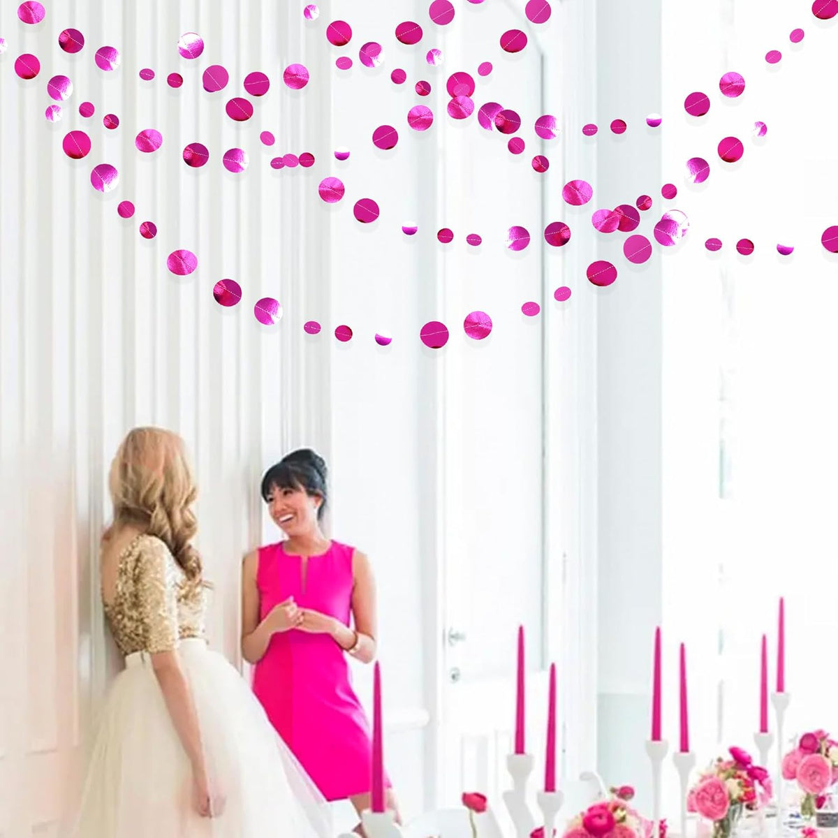 Hot Pink Party Decorations Circle Dots Garland Metallic Rose Pink Hanging Paper Polka Dots Streamer for Bachelorette Birthday Engagement Wedding Bridal Shower Anniversary Baby Shower Party Supplies
