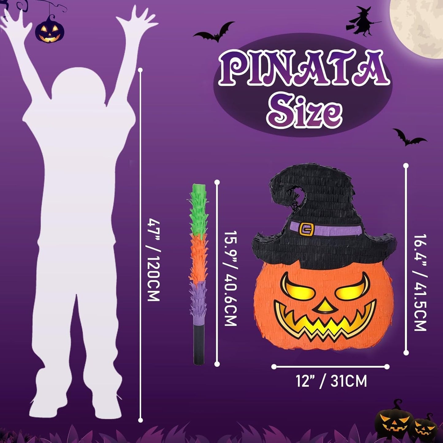 WERNNSAI Halloween Pumpkin Piñata - Wicked Pumpkin Pinata Halloween Jack O Lantern decorations for Kids Trick or Treat Costume Party Pumpkin Games with Bat Blindfold