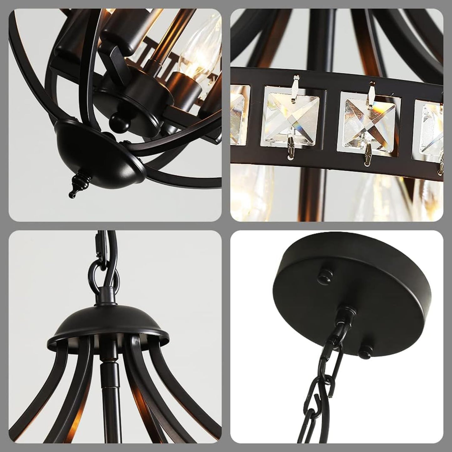 Farmhouse Crystal Ceiling Hanging Chandelier,16inch Black Rustic Vintage Pendant Light Fixture for Living Room Bedroom Dining Room Dining Foyer Kitchen Entry （5-Light）
