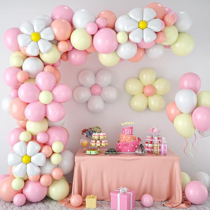 Daisy Balloon Garland Arch Kit, Retro Hippie Boho Pink White Yellow Balloons by BTZO