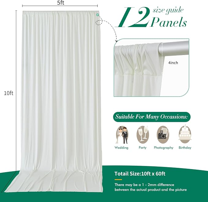60 ft x 10 ft Wrinkle Free Ivory Backdrop Curtain - Image 6