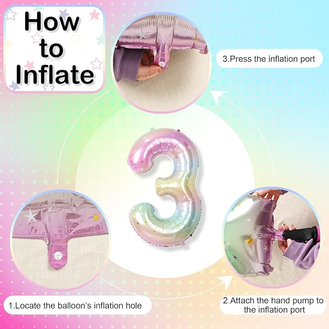 3rd Birthday Balloons for Girls, 40‘’ Foil Self Inflating Rainbow Stars Number - Image 8