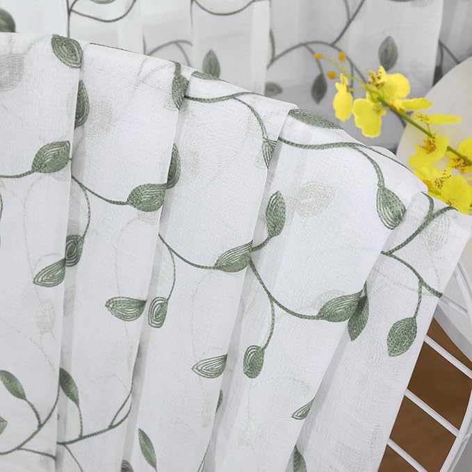 Tollpiz Leaves Short Sheer Curtain Sage Green Leaf Embroidery Bedroom Curtains - Image 7