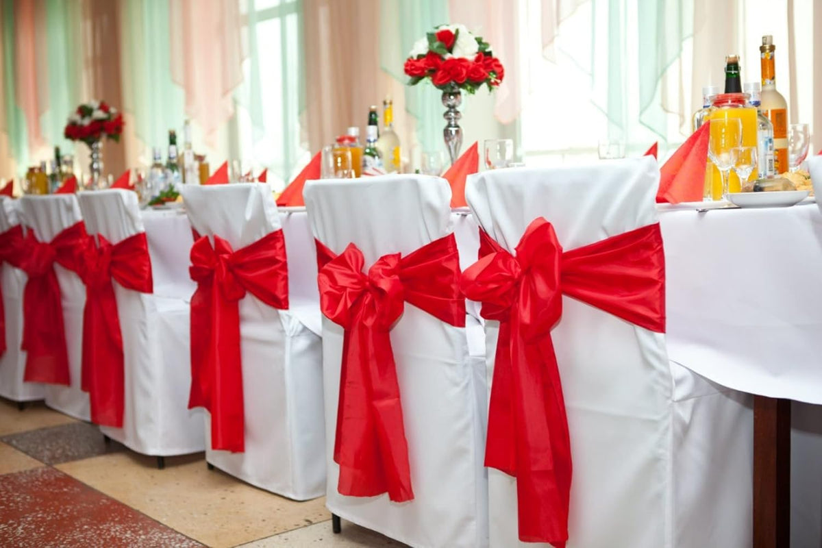50 PCS Satin Chair Sashes Bows Decorative Universal Chair Cover Chair Ribbon Bows Ties Back Sash for Wedding Party Ceremony Reception Hotel Event Banquet Restaurant Home Kitchen Decor(7 x108inch,Red)
