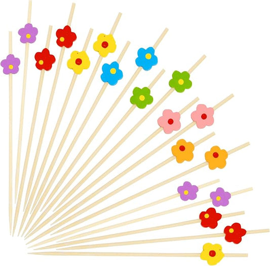 100PCS Colorful Flower Cocktail Picks 4.7 Inch, Fancy Toothpicks by KFJBPB