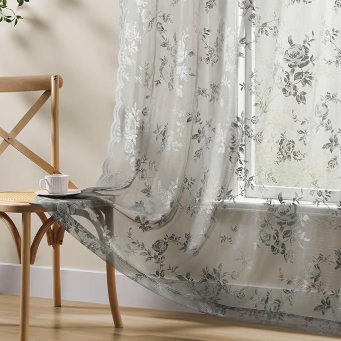 Gray Lace Curtains 90 Inches Long 2 Panels Victorian Grey Floral Sheer Curtains - Image 5