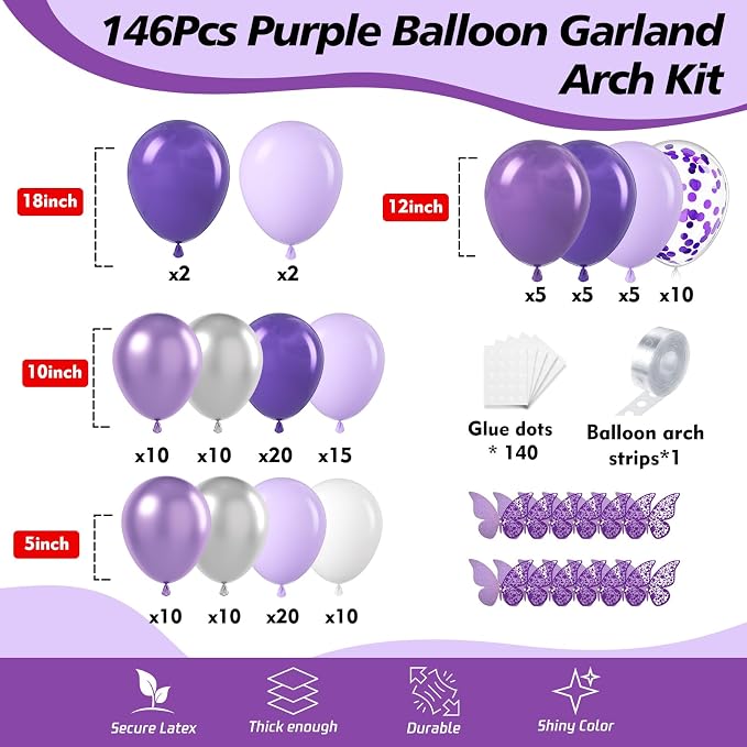 150Pcs Purple Balloons Garland Arch Kit - Image 2