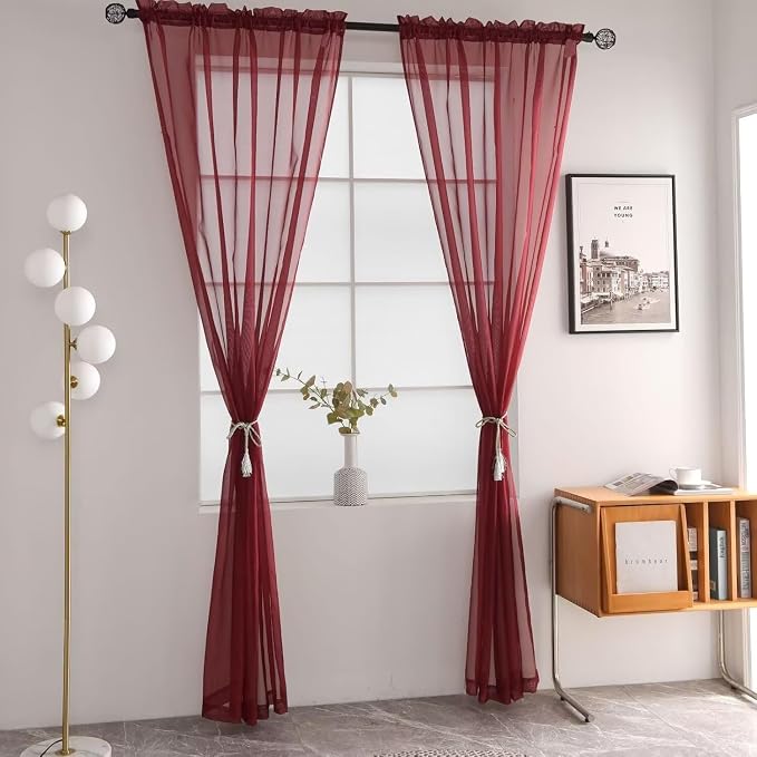 SpaceDresser Burgundy Sheer Curtains 4 Panels Rod Pocket Semi-Sheer Curtain 96 - Image 3