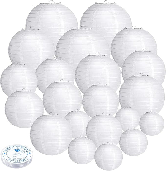 21Pcs White Paper Lanterns, 4-10in Hanging Decor by GCVOPTON