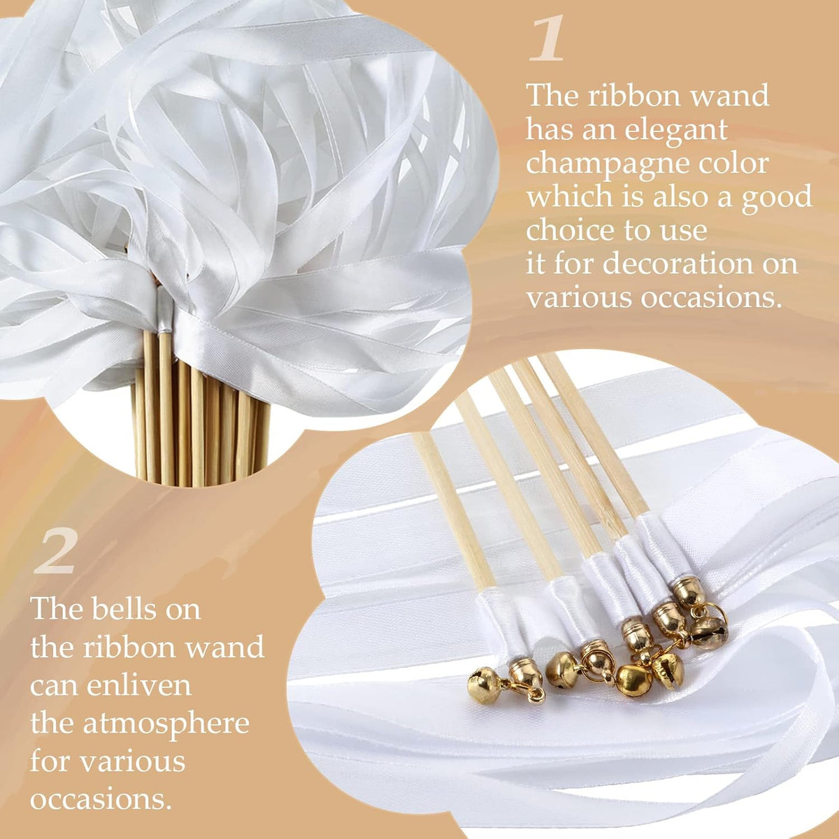 Boao 40 Pieces Mixed Color Ribbon Sticks with Bell, Ribbon Sticks for Stick Party, Streamers for Wedding Birthday Party Celebration Baby Shower Favors(White)