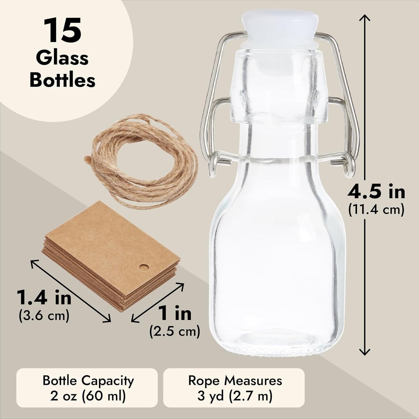 BLUE PANDA Mini Glass Bottles Swing Top - 15 Pack 2 Oz/60 ml Blue & White - Kraft Tags & Jute Twine Included - Wedding Favor Glass Bottles & DIY Jars