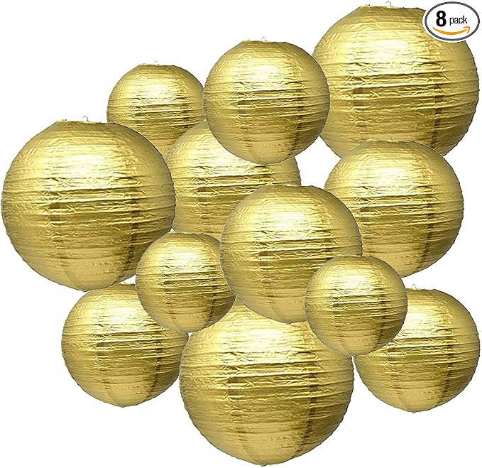 Gold Paper Lanterns 12 Pcs Assorted Size of 6" 8" 10" 12" Chinese Round Paper by Famolay