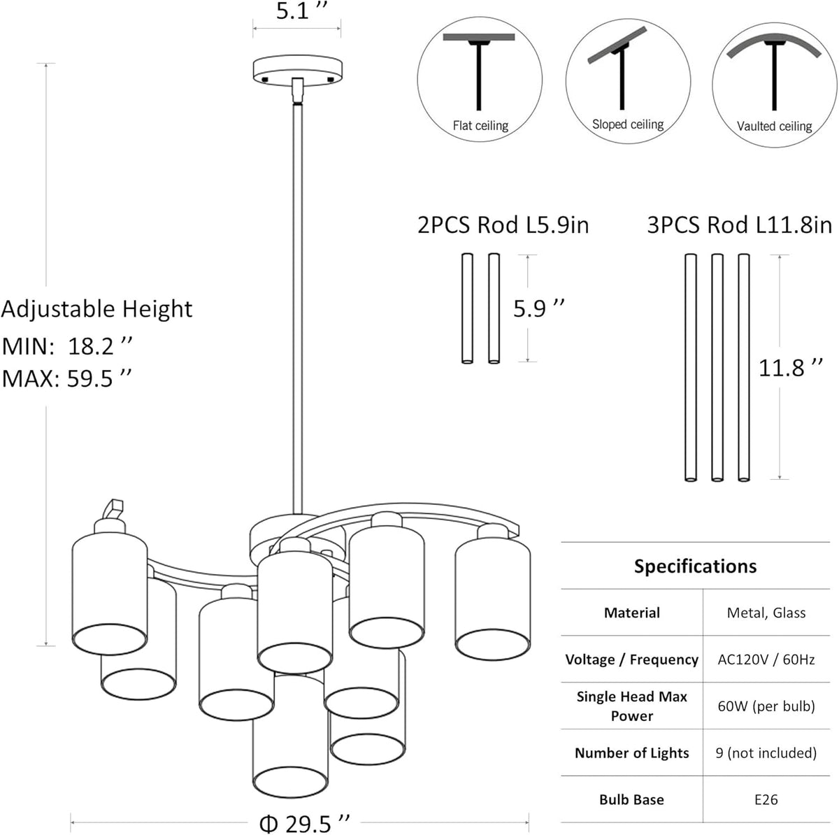 9-Light Antique White Chandelier with Clear Glass Shade, French Country Chandeliers for Dining Room, Adjustable Height Hanging Chandelier for Kitchen Island Living Room Foyer Bedroom