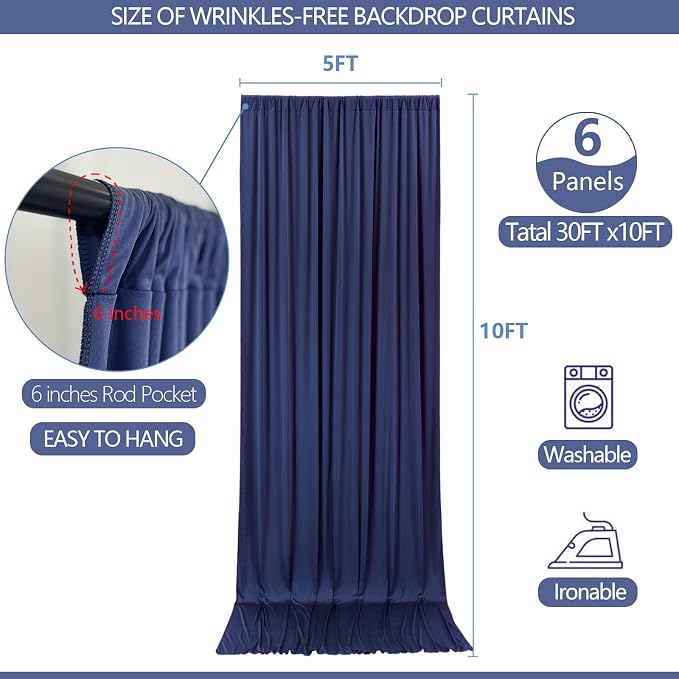ESGOTBME 30x10ft Wrinkle Free Navy Blue Backdrop Curtain - Image 4