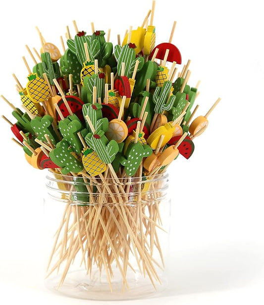 Bamboo Cocktail Picks 200 Pack – Tropical Fruit Toothpicks 4.7 Inch Cocktail by PARTYHIPPO
