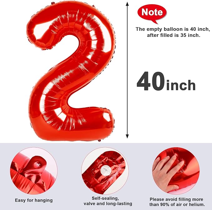 2 Balloon Numbers Birthday Decorations, 40In Red Balloons - Image 5