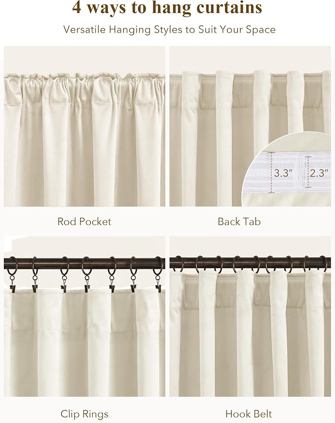 Ivory White Velvet Curtains for Nursery Back Tab, W52 x L96, Back tab Drapes - Image 2