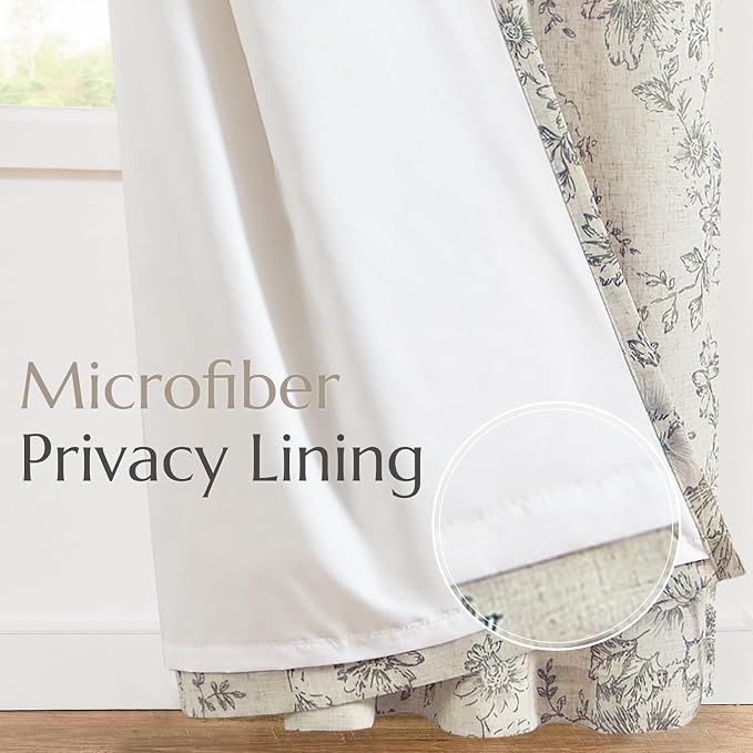 jinchan Gray Floral Linen Curtains Lined 84 Inch Vintage Back Tab 2 Panels | - Image 5