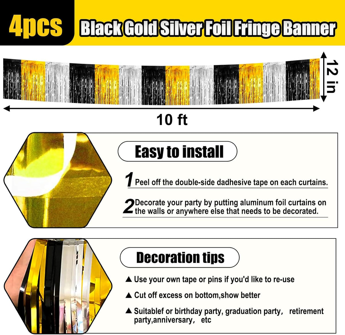 4 Pack 10 Feet Black Gold Silver Foil Fringe Garland Metallic Tinsel Streamers Banner Wall Hanging Curtain Backdrop for Parade Floats, Wedding, Graduate, Mother's Day, Birthday Party Decoration