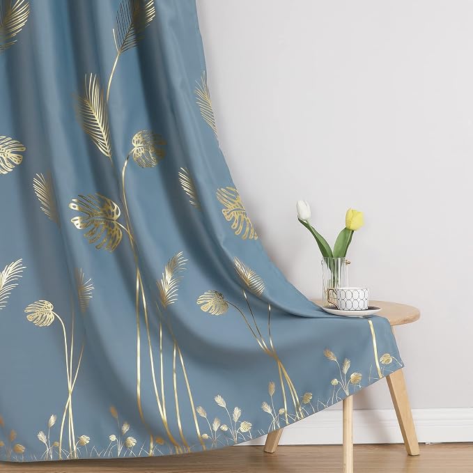 Stone Blue Blackout Curtains for Bedroom, Room Darkening Gold Palm Tree Pattern - Image 7