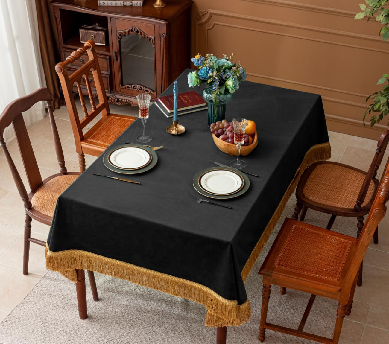 F-CHU Luxury Black Tablecloth Thickset Velvet Tablecloth with Beautiful Gold Tassels Table Cloth for Home Decor Wedding, Party, Banquet and Events 60x102-Inch