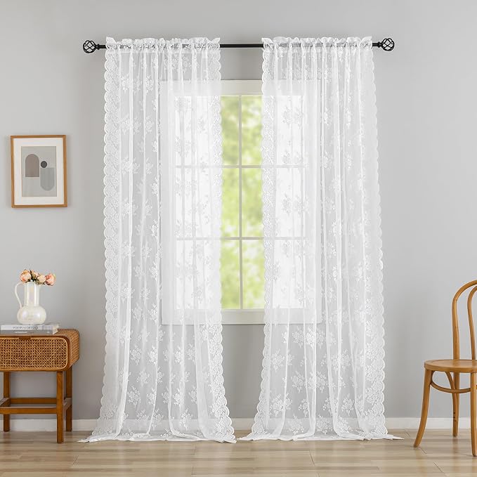 Kotile White Floral Lace Curtains - Image 8
