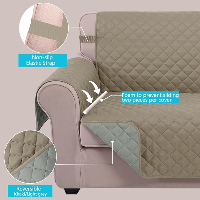 U-NICE HOME 4 Seater Sofa Cover 91''Large Couch Cover, Khaki/Light Grey | - Image 4