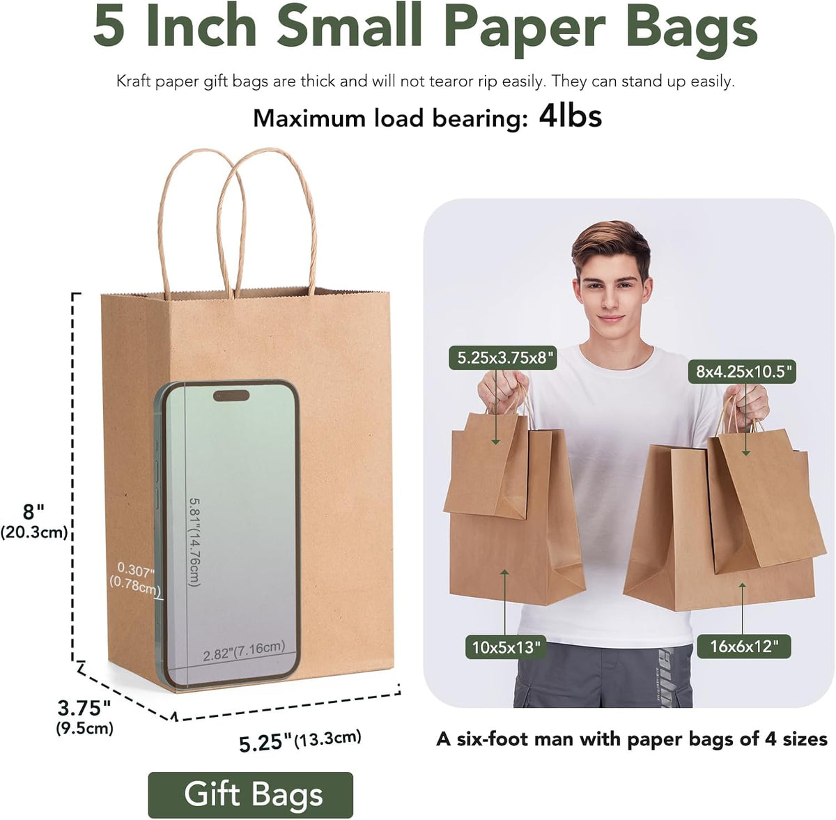 GSSUSA 100 Pack Paper Gift Bags 5.25x3.75x8 Inch Small Brown Paper Bags with Handles Bulk, Brown Kraft Bag for Small Business, Sturdy Grocery Retail Shopping Birthday Party Favor Craft Bag （Made in USA）