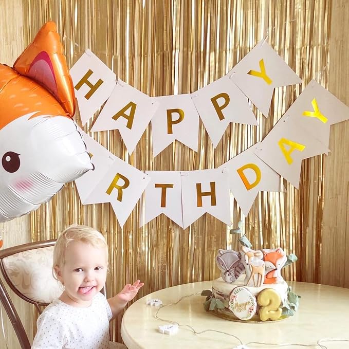 White and Gold Happy Birthday Banner Sign - Image 2