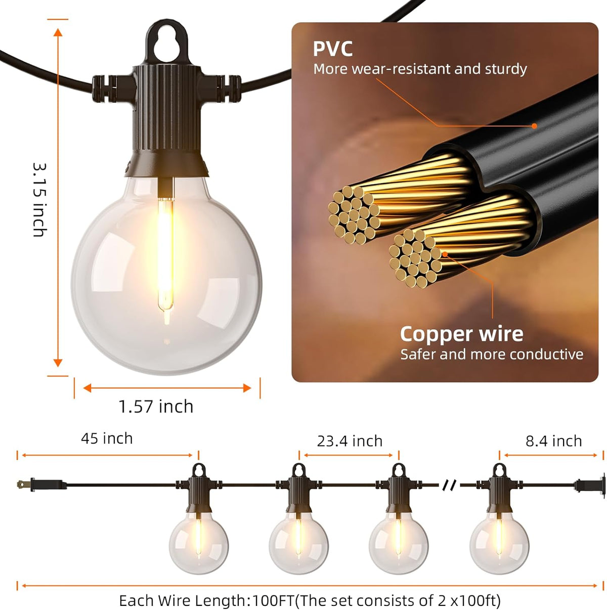 Kawaya 200FT Outdoor String Lights - LED Waterproof Patio Light for Outside with 100+4 G40 Globe Blubs - Shatterproof Hanging Lights for Porch Bistro Backyard Gazebo Balcony Cafe