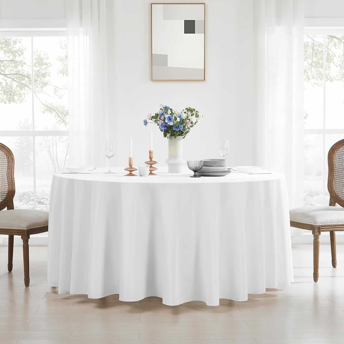 Round Tablecloth 120 Inch 1Pack White Tablecloths Washable Decorative Linen Polyester Table Clothes Cover for Dining Table Banquets Buffet Parties and Wedding