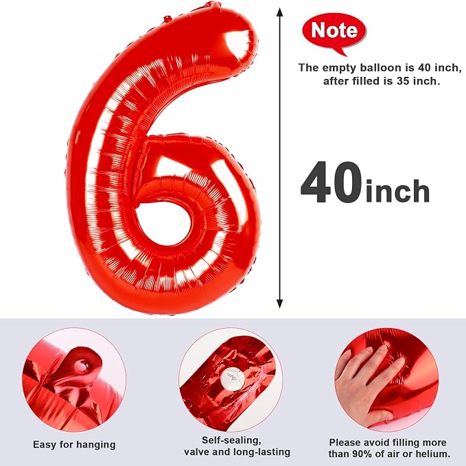 6 Balloon Numbers Birthday Decorations, 40In Red Balloons - Image 5