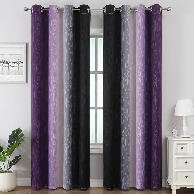 Purple and Black Ombre Blackout Curtains 108 Inch Length 2 Panels Set, Thermal - Image 2