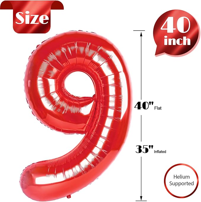 Red 9 Balloon - Number Balloon 40 Inch, 9th Red Birthday Decorations | Large - Image 4