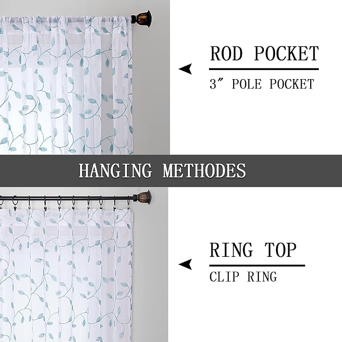 Tollpiz Leaves Sheer Tier Curtain Teal Blue Leaf Embroidery Kitchen Half - Image 5