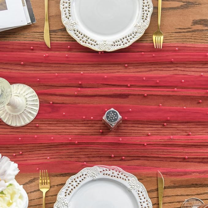 Artoid Mode Pearl Red Gauze Table Runner 120 Inch 10FT, Seasonal Sheer Dining - Image 6