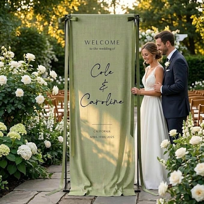 Personalized Wedding Welcome Banner Linen – Custom Names & Date, Elegant Fabric - Image 2