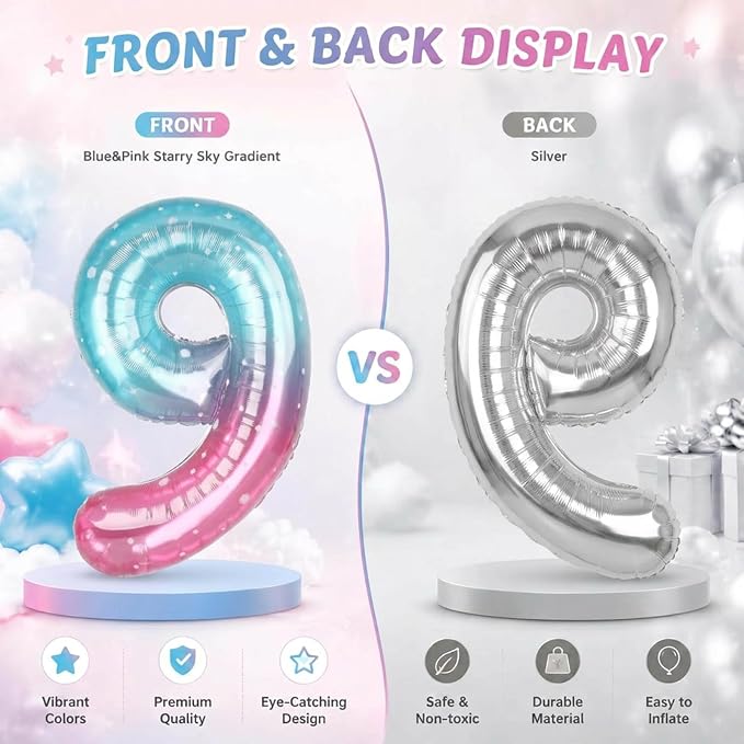 40 Inch Pink Blue Number 9 Balloon, Large Gradient Foil 9 Balloon - Image 8