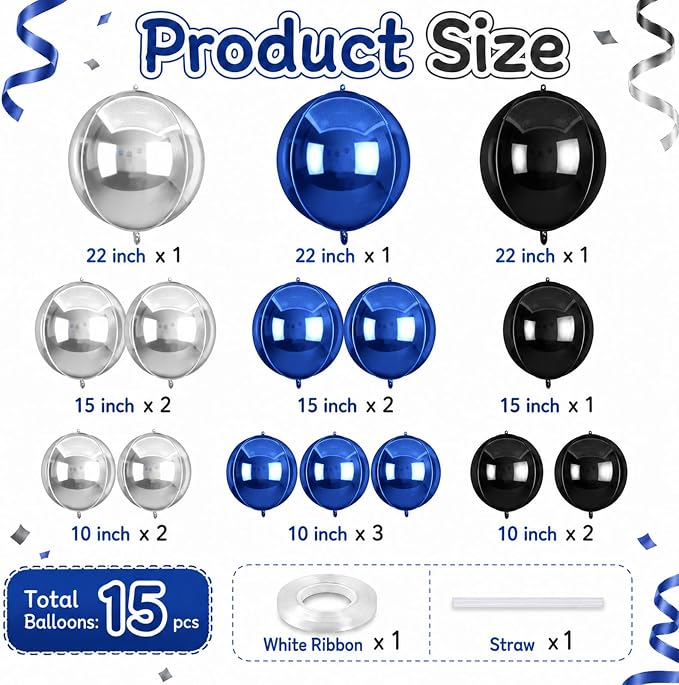 15 Pcs Navy Blue Black Silver Round Foil Balloons, 22/15/10 Inch 4D Ball - Image 2